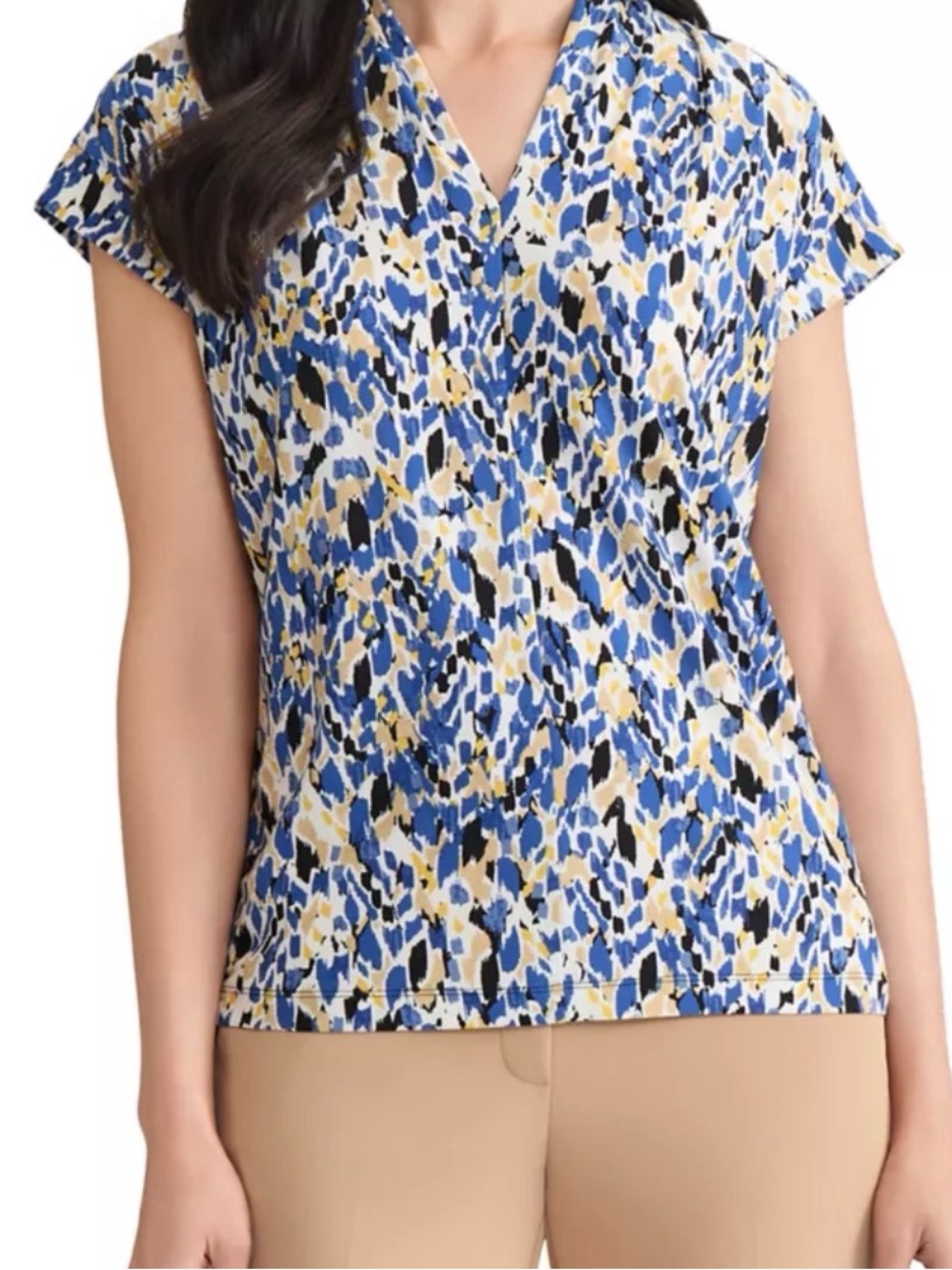 Kasper Blue Multi-Print V-Neck Cap Sleeve Blouse - Petite XL